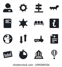 \Set of vector isolated black icon - waiting area vector, sun, caterpillar, diagnosis, barcode, stopwatch, data exchange, support, water heater, router, police, information, earth, office building