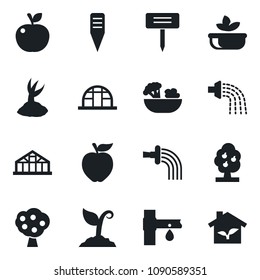Set of vector isolated black icon - watering vector, sproute, plant label, greenhouse, drip irrigation, fruit tree, salad, apple, eco house