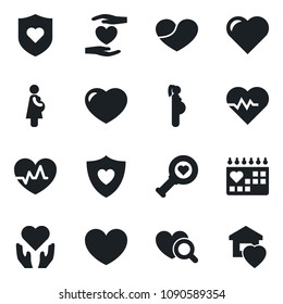 Set of vector isolated black icon - heart vector, pulse, diagnostic, shield, hand, medical calendar, pregnancy, sweet home