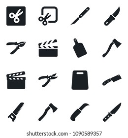 Set of vector isolated black icon - pruner vector, saw, garden knife, axe, scalpel, clapboard, cut, cutting board