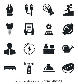 Set of vector isolated black icon - antenna vector, reception bell, document, manager place, watering can, implant, joint, client, touch screen, rca, charge, ink pen, career ladder, sun panel, steak