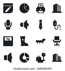 Set of vector isolated black icon - luggage scales vector, office building, tie, circle chart, boot, caterpillar, dropper, speaker, microphone, notes, pie graph, chair, printer, sound