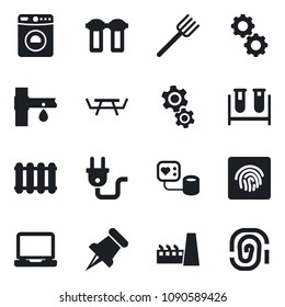 Set of vector isolated black icon - washer vector, farm fork, picnic table, drip irrigation, blood pressure, test vial, laptop pc, paper pin, fingerprint id, factory, power plug, gear, water filter