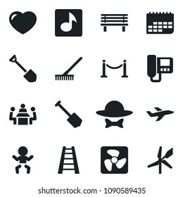 Set of vector isolated black icon - fence vector, baby, job, rake, ladder, bench, plane, term, heart, music, meeting, dress code, fan, intercome, windmill