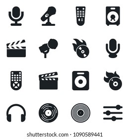 Set of vector isolated black icon - clapboard vector, vinyl, flame disk, microphone, remote control, headphones, speaker, tuning