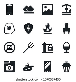 Set of vector isolated black icon - no laptop vector, mobile phone, farm fork, fire, well, gallery, protect, photo, stamp, pond, crane, egg stand, omelette, serviette, outdoor lamp