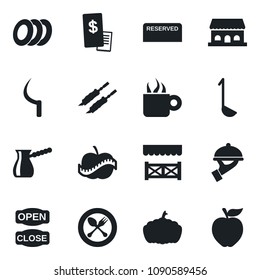 Set of vector isolated black icon - spoon and fork vector, sickle, pumpkin, diet, reserved, coffee, plates, waiter, cafe building, open close, alcove, restaurant receipt, kebab, ladle, turkish