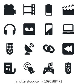 Set of vector isolated black icon - satellite antenna vector, clapboard, film frame, news, gamepad, video camera, remote control, cell phone, touch screen, headphones, laptop pc, chain, low battery
