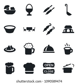 Set of vector isolated black icon - coffee vector, dish, serviette, cook hat, beer, salad, egg stand, cafe building, table, open close, kebab, ladle, bowl, steaming pan