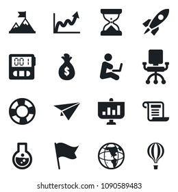 Set of vector isolated black icon - stopwatch vector, motivation, rocket, money bag, earth, growth graph, office chair, flask, flag, paper plane, crisis management, presentation, contract