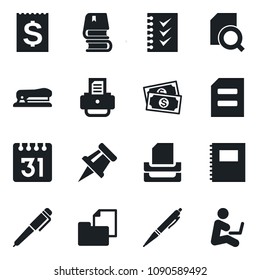 Set of vector isolated black icon - document vector, printer, cash, receipt, folder, calendar, copybook, drawing pin, search, checklist, paper tray, book, pen, stapler, man with notebook