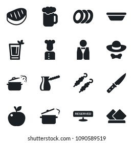Set of vector isolated black icon - waiter vector, cook, reserved, phyto bar, beer, plates, dress code, steak, kebab, bowl, knife, steaming pan, turkish coffee, apple fruit, serviette