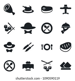 Set of vector isolated black icon - spoon and fork vector, restaurant table, cafe, waiter, dress code, chicken, steak, kebab, ham, sushi, serviette