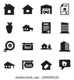 Set of vector isolated black icon - office building vector, house, real heart, contract, with garage, tree, estate document, rent, sold signboard, search, smart home, city, message