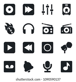 Set of vector isolated black icon - flame disk vector, microphone, radio, headphones, speaker, play button, fast forward, rewind, rec, tuning, bell, record, music