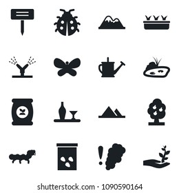 Set of vector isolated black icon - watering can vector, butterfly, lady bug, seedling, plant label, seeds, caterpillar, fertilizer, pond, fruit tree, mountains, alcohol, irrigation, smoke detector