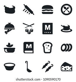 Set of vector isolated black icon - spoon and fork vector, menu, salad, plates, waiter, bread, chicken, kebab, hamburger, ladle, bowl, rolling pin, sushi, cheese