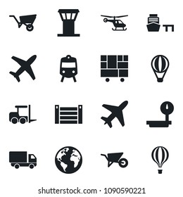 Set of vector isolated black icon - plane vector, airport tower, train, fork loader, helicopter, wheelbarrow, earth, car delivery, sea port, container, consolidated cargo, heavy scales, air balloon