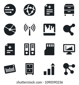 Set of vector isolated black icon - antenna vector, growth statistic, office binder, diagnosis, barcode, share, scanner, sd, network, monitor statistics, pie graph, archive box, social media