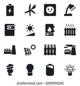 Set of vector isolated black icon - bulb vector, factory, brightness, battery, desk lamp, sun panel, heater, socket, water, radiator, energy saving, windmill, idea