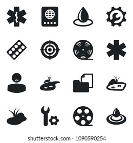 Set of vector isolated black icon - passport vector, water drop, pond, pills blister, ambulance star, patient, folder document, reel, root setup, target