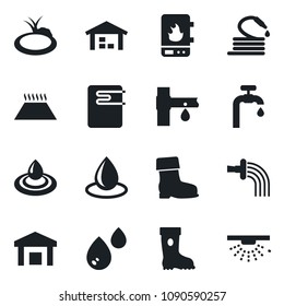 Set of vector isolated black icon - watering vector, boot, water drop, hose, pond, drip irrigation, warehouse, supply, heater, warm floor, sprinkler