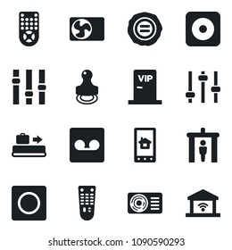 Set of vector isolated black icon - baggage conveyor vector, security gate, stamp, settings, remote control, rec button, tuning, record, air conditioner, vip zone, home app, garage
