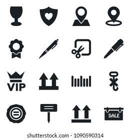 Set of vector isolated black icon - vip vector, pen, stamp, plant label, heart shield, pin, fragile, up side sign, no hook, barcode, cut, place tag, sertificate, sale