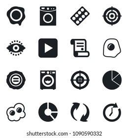 Set of vector isolated black icon - circle chart vector, stamp, contract, pills blister, play button, update, eye id, pie graph, target, washer, omelette, clock