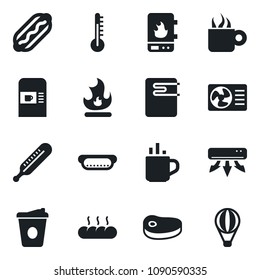 Set of vector isolated black icon - hot cup vector, coffee machine, fire, thermometer, air conditioner, bread, steak, dog, water heater, balloon