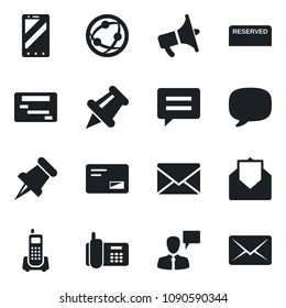 Set of vector isolated black icon - mobile phone vector, speaking man, mail, office, loudspeaker, network, paper pin, message, reserved, schedule