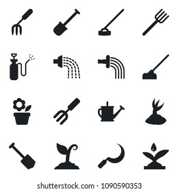 Set of vector isolated black icon - job vector, flower in pot, garden fork, shovel, farm, watering can, sproute, hoe, sickle, sprayer, irrigation
