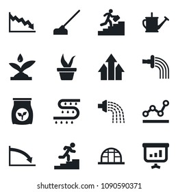 Set of vector isolated black icon - seedling vector, watering can, hoe, greenhouse, fertilizer, drip irrigation, point graph, career ladder, arrow up, crisis, presentation