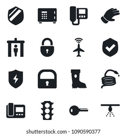 Set of vector isolated black icon - plane radar vector, security gate, safe, lock, glove, boot, hose, traffic light, shield, protect, key, intercome, sprinkler