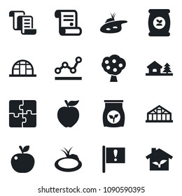 Set of vector isolated black icon - contract vector, greenhouse, pond, fertilizer, important flag, application, point graph, house with tree, fruit, apple, eco
