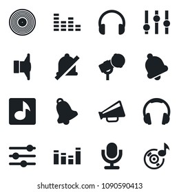 Set of vector isolated black icon - vinyl vector, microphone, speaker, loudspeaker, settings, equalizer, headphones, tuning, bell, mute, music