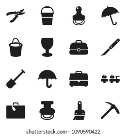 Set of vector isolated black icon - suitcase vector, umbrella, baggage larry, shovel, bucket, pruner, scalpel, fragile, themes, case, stamp, hard work