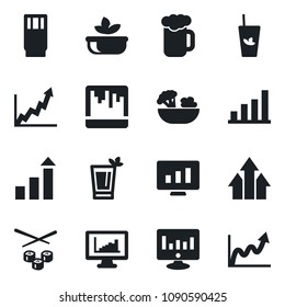 Set of vector isolated black icon - growth statistic vector, monitor, scanner, statistics, bar graph, drink, phyto, beer, salad, sushi, arrow up