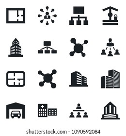 Set of vector isolated black icon - hierarchy vector, well, molecule, hospital, office building, garage, plan