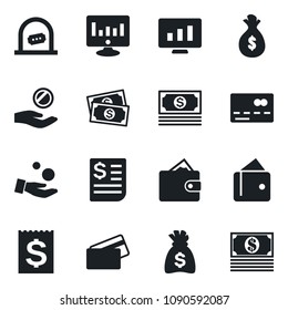 Set of vector isolated black icon - credit card vector, ticket office, money bag, statistic monitor, cash, receipt, wallet, investment