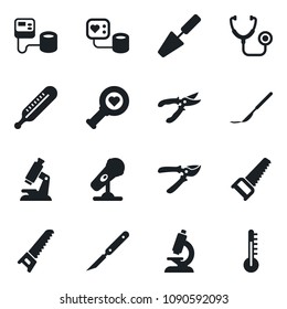 Set of vector isolated black icon - trowel vector, pruner, saw, stethoscope, blood pressure, thermometer, heart diagnostic, microscope, scalpel, microphone