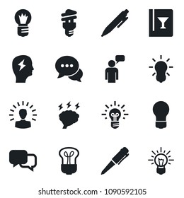 Set of vector isolated black icon - speaking man vector, pen, brainstorm, bulb, dialog, wine card, energy saving, shining head, idea