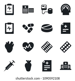 Set of vector isolated black icon - heart pulse vector, diagnosis, syringe, blood pressure, pills, blister, tomography, real, clipboard, hospital