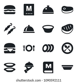 Set of vector isolated black icon - spoon and fork vector, dish, cafe, menu, plates, waiter, steak, kebab, hamburger, bowl