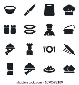 Set of vector isolated black icon - fridge vector, cook, serviette, cafe, hat, plates, waiter, salt and pepper, bowl, rolling pin, cutting board, knife, steaming pan