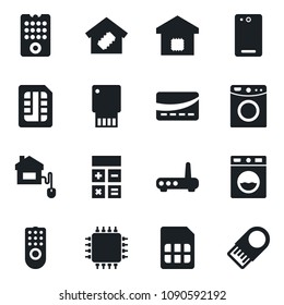 Set of vector isolated black icon - calculator vector, phone back, sim, smart home, credit card, control, chip, remote, router, washer, usb flash