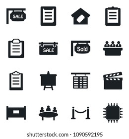 Set of vector isolated black icon - fence vector, flight table, presentation board, meeting, clipboard, clapboard, sale, sold signboard, smart home, chip