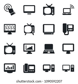 Set of vector isolated black icon - wireless notebook vector, pc, monitor pulse, tv, touch screen, statistics, intercome
