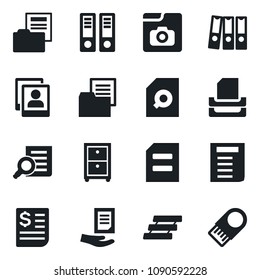 Set of vector isolated black icon - office binder vector, document search, receipt, folder, photo gallery, paper, tray, archive box, usb flash