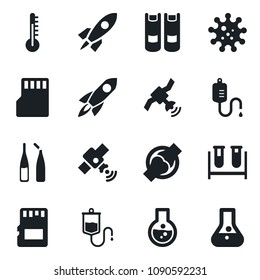 Set of vector isolated black icon - book vector, blood test vial, dropper, ampoule, joint, virus, satellite, sd, thermometer, rocket, flask